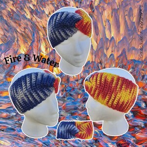 May include: Crocheted headbands in shades of blue, red, and yellow are displayed on mannequin heads. The text "Fire & Water" is visible. The headbands are handmade and feature a twisted design.