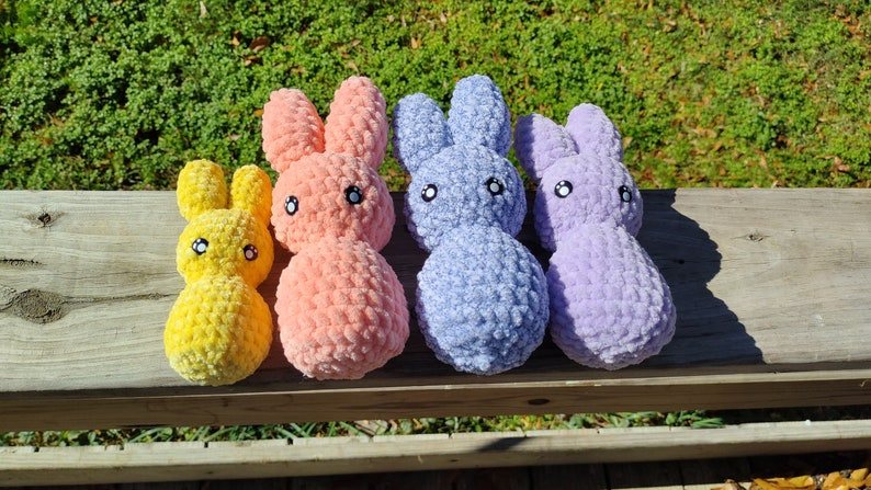 Easter peep bunnies made with safety eyes and Chenille yarn