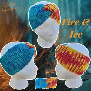May include: Crocheted headbands in blue, red, and yellow, displayed on mannequin heads. The headbands feature a twisted knot design. The text "Fire & Ice" is visible. The Cascade Fiberworks logo is in the upper left corner.