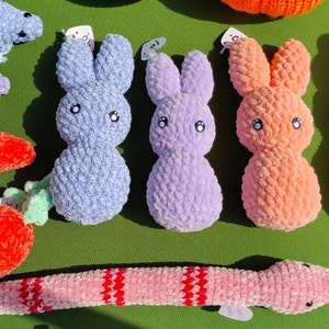 Plush toy bunnies made with Sweet Snuggles Lite or Chenille Home, stuffing, and safety eyes.