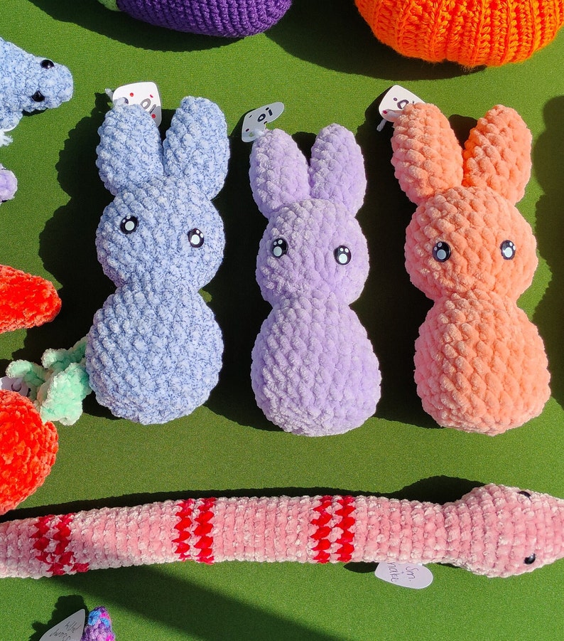 Plush toy bunnies made with Sweet Snuggles Lite or Chenille Home, stuffing, and safety eyes.