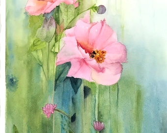 Pink Poppies Watercolor Flowers