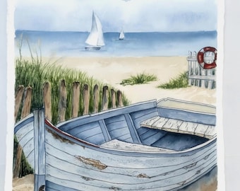 Seascape Abandoned Boat Beach sailboats Watercolor