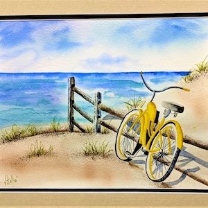 Bike To The Beach Yellow Bicycle Watercolor