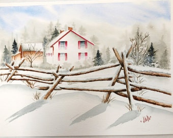 Winter Farm House Watercolor Painting Free Shipping