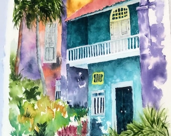 Tropical B&B Loose Watercolor Building Hotel Painting