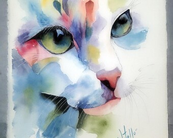 Gatito colorido pintado a mano con acuarela