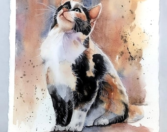 Calico Kitty Cat Pet Animal Critter Watercolor Painting