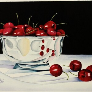Red Cherries and Silver Bowl Watercolor Free Shipping