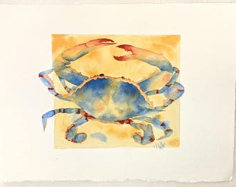 Blue Crab Watercolor Painting: Coastal Wall Art, 16x20" Matted