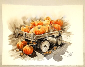 Wagon of Fall Pumpkins Watercolor Painting