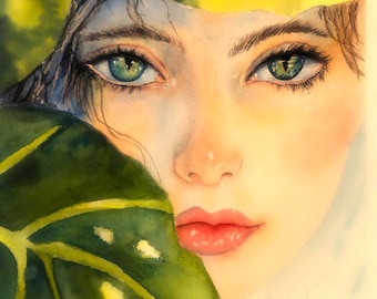 Innocence Girl portrait Leaves Watercolor Painting