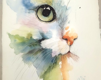 Perfil de gatito pintado a mano en acuarela