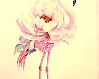 Peony Flamingo Bird Flower Watercolor Painting