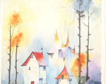Misty Village Landscape Watercolor Painting