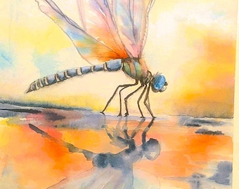 Watercolor Dragonfly Reflection Painting: Arches Cold Press Paper (11x9)