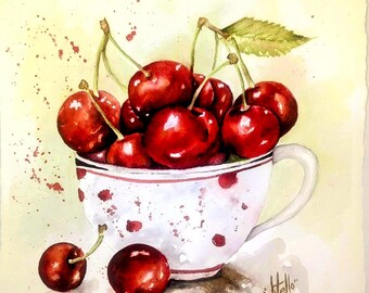 Cup of Cherries Watercolor Fruit Berries Kitchen Art