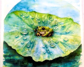Hand Painted Frog, Lilypad and Waterdrops
