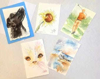 Small Art Cards Dog Cat Golfer Watercolor Group1