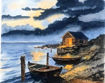 Night at the Lake Cabin Watercolor Painting