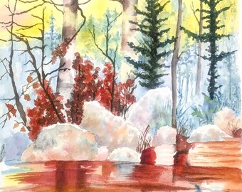 A Touch of Fall Watercolor Painting Rocks Foliage Reflections