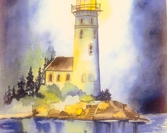 Lighthouse Watercolor Painting: Evening Seascape Art (11x15)
