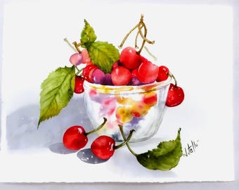 Glass Bowl of Cherries fruit Watercolor Painting