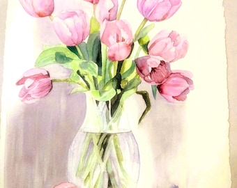 Tulips 1 Dozen Pink Purple Flowers Watercolor