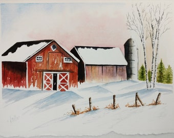 Winter Barn Snow Watercolor