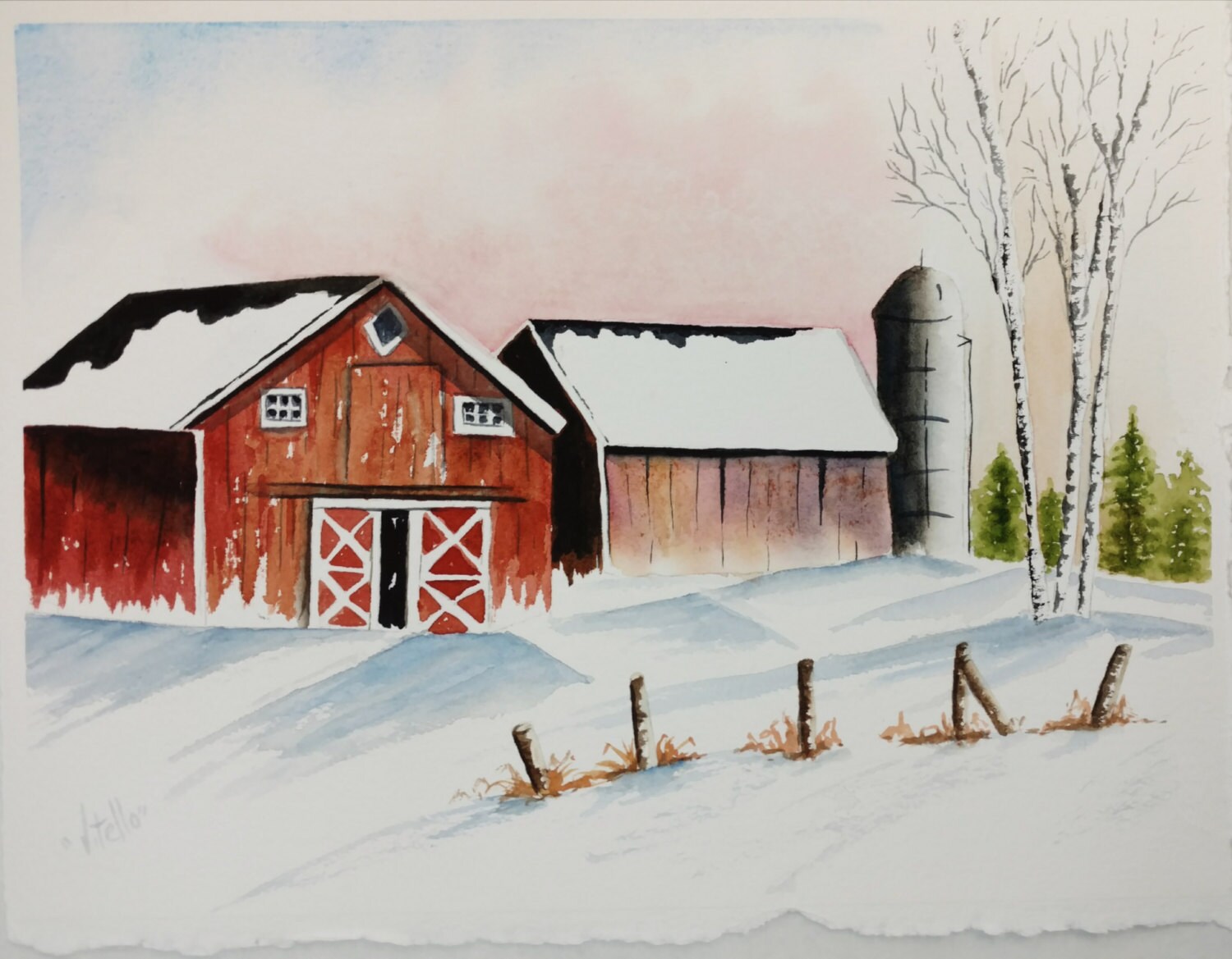Winter Barn Snow Watercolor - Etsy
