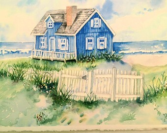 Blue Beach House Watercolor Painting