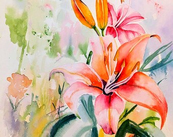 Day Lilies Pink & Peach Watercolor Painting