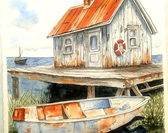 Watercolor Rusty Fishing Cabin Painting