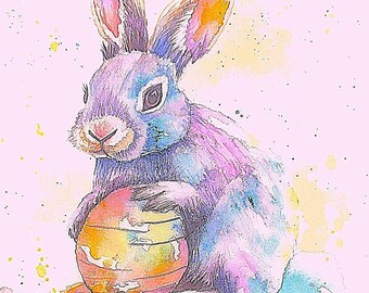Watercolor Easter Bunny and Egg Painting