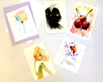 Small Art Cards Balloon Cat Flowers Cherries Watercolor Group2