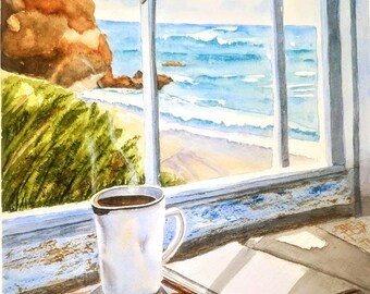 Beach View Window Coffee Watercolor