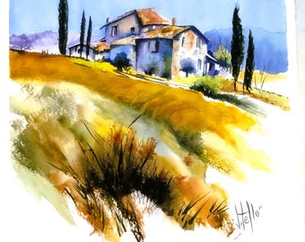 Villa Tuscany House Landscape Watercolor Painting