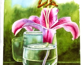 Stargazer Lily in Water Reflections Watercolor