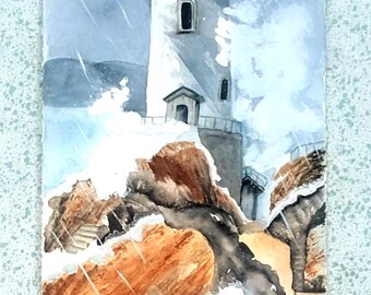 Stormy Lighthouse Watercolor Painting Ocean Storm Waves