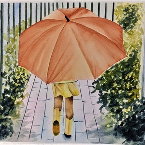 Walking in the Rain Umbrella Watercolor Painting Free Shipping