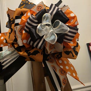XL Halloween Bow – Door Wreath Bow - 12” Handmade - Pumpkins, Bats, Polka Dot & Stripe Ribbon – Stacked Halloween Decor