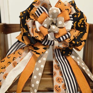 XL Halloween Bow – 12” Handmade Door Wreath Bow – Pumpkins, Bats, Polka Dot & Stripe Ribbon – Stacked Halloween Decor