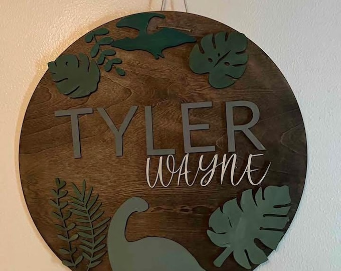 Personalized Dinosaur Nursery Wall Decor - 18" Round Custom Name Sign for Kids Room, Baby Shower Gift & Toddler Room Decoration