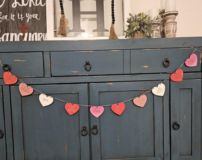 Conversation Hearts Garland, 6 foot Hearts Banner, 10 Customizable wooden Hanging Hearts, Pastel Colors, Valentine's Day Decor