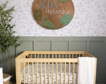 Personalized Dinosaur Name Sign: 3D Wood Nursery Decor, 18" Round