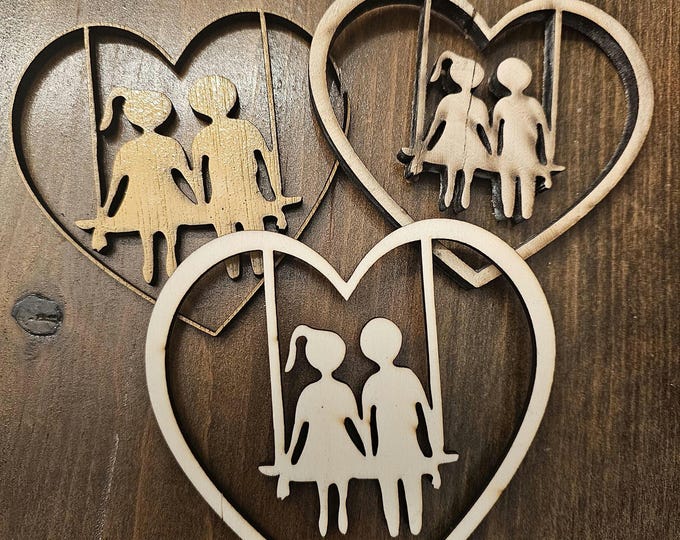 Personalized Wooden Heart Ornament Couple on Swing - Anniversary Gift for Spouse, Newlyweds & LGBTQ Love
