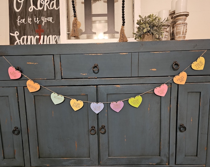 Conversation Hearts Garland, 6 foot Hearts Banner, 10 Customizable wooden Hanging Hearts, Pastel Colors, Valentine's Day Decor
