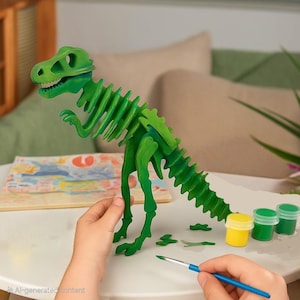 Dinosaur Build and Paint Set, 3D Wooden Puzzle Kit for Kids, STEM Educational Toy, DIY Dinosaur Craft, T-Rex, Velociraptor, Puzzles and Art