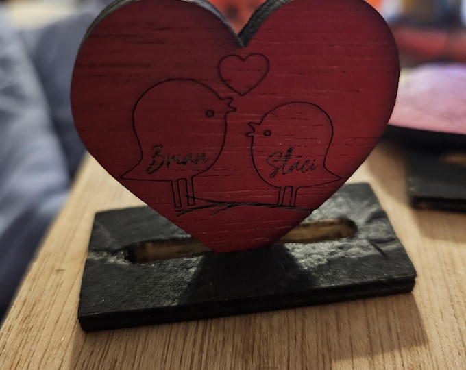 Personalized Wood Cutout Hearts, Engraved love birds in a tree or couple on a swing, pocket hug, 1 inch, lovers gift  anniversary gift