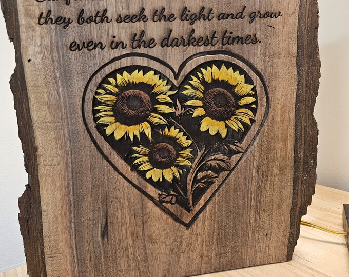 Custom Engraved Wood Art Piece, Hand Painted, Digitally Designed Heart with 3 Sunflowers and a Positive Quote About Love in Hard Times